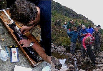 (left) Jim measures the grilse; (right) 'Reforesting Scotland' participants in Kinloch Woodland 