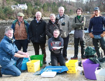 The WRFT-AST sweep netting team (& a sea trout) at Flowerdale 19 Feb 2014 (photo by Ben Rushbrooke)