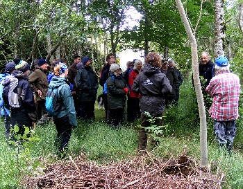 Participants shelter from rain and wind within a croft woodland at Mellon Charles 