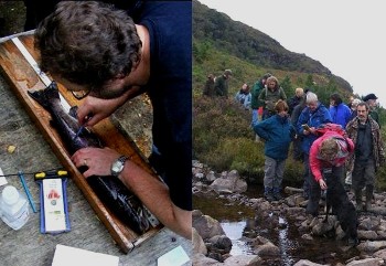 (left) Jim measures the grilse; (right) 'Reforesting Scotland' participants in Kinloch Woodland